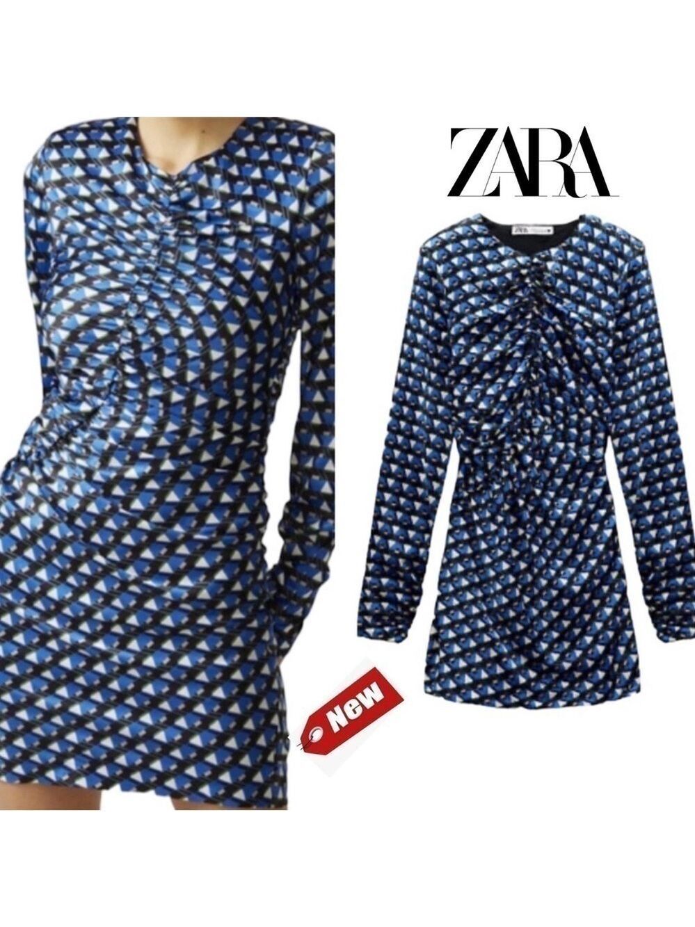 Zara blue black satin effect geometric print cutout ruched long sleeve dress L